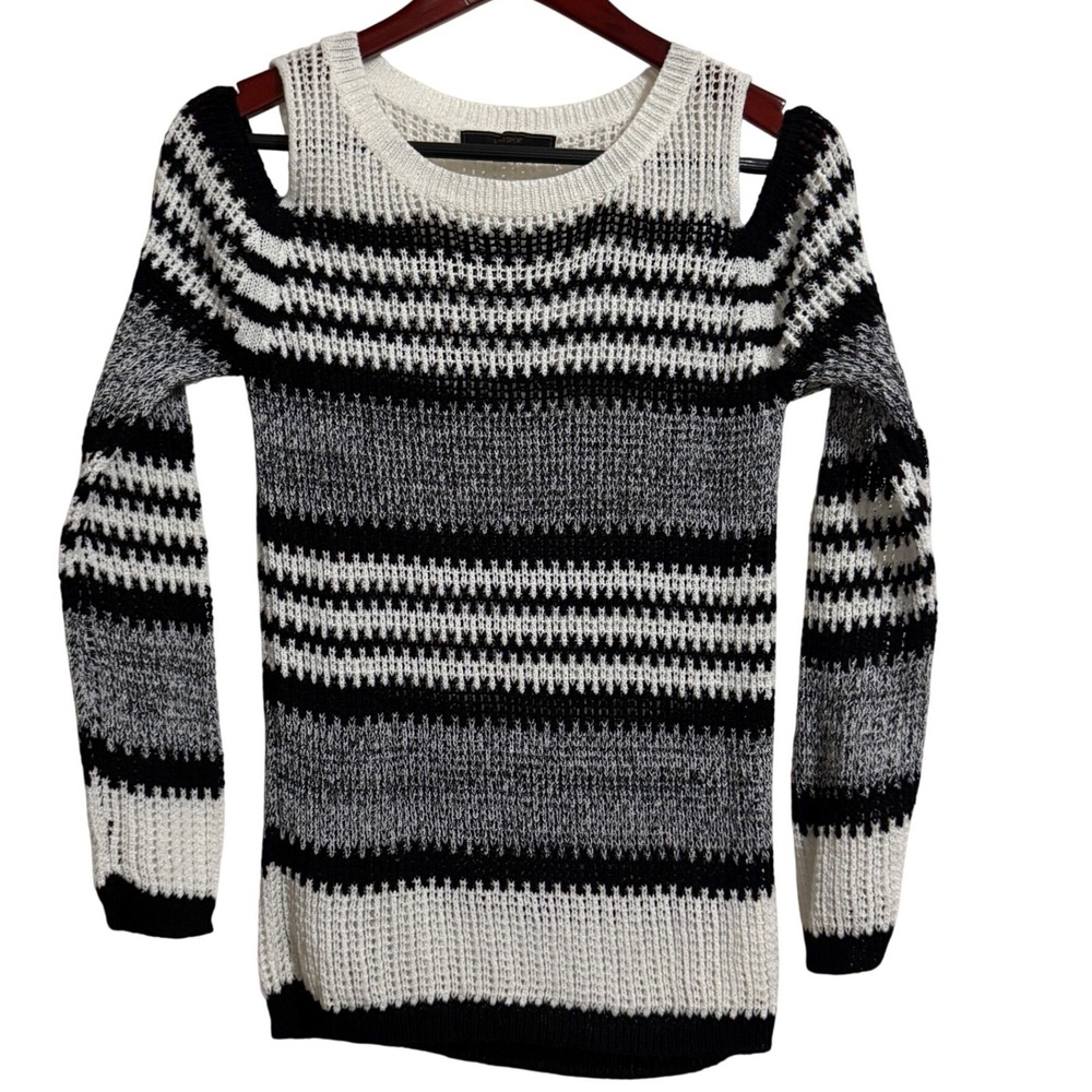 Maxsport Womens Cold Shoulder‎ Striped Open Knit Sweater Black White Grey Small